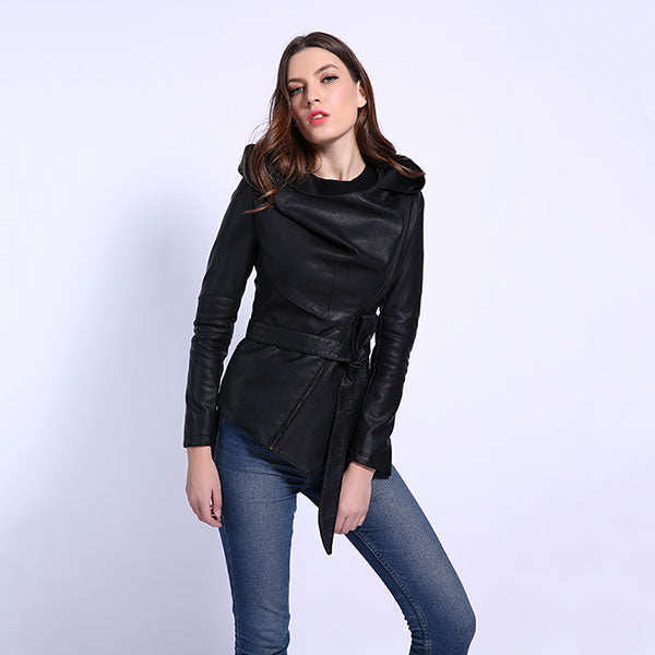AORRYVLA Brand Women Leather Jacket Full Sleeve Hooded Sashes Casual Jacket Women's Collection PU Leather Coats High Quality