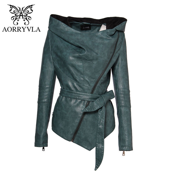 AORRYVLA Brand Women Leather Jacket Full Sleeve Hooded Sashes Casual Jacket Women's Collection PU Leather Coats High Quality